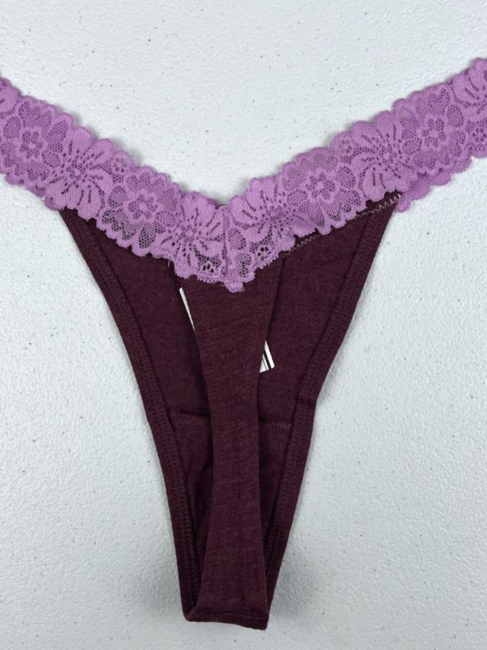 PINK by Victoria's Secret Burgundy Cotton Lace-Trim Thong Panty. Size Small
